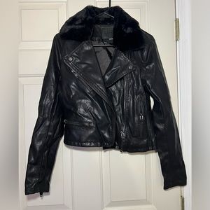 Blank NYC Leather Moto Jacket Fur Trim Black Small